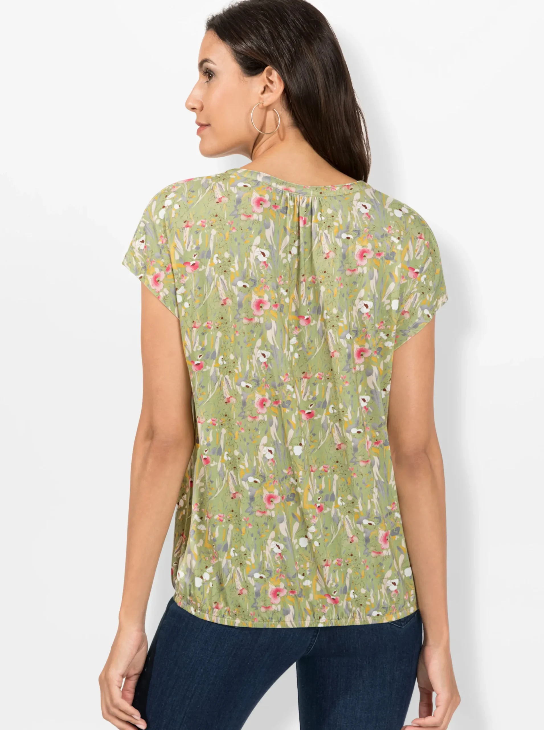 Shirts| Print-Shirt mit kleinem V und Raffung am Ausschnitt lindgrün-bedruckt