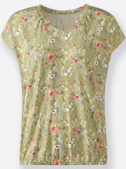 Shirts| Print-Shirt mit kleinem V und Raffung am Ausschnitt lindgrün-bedruckt