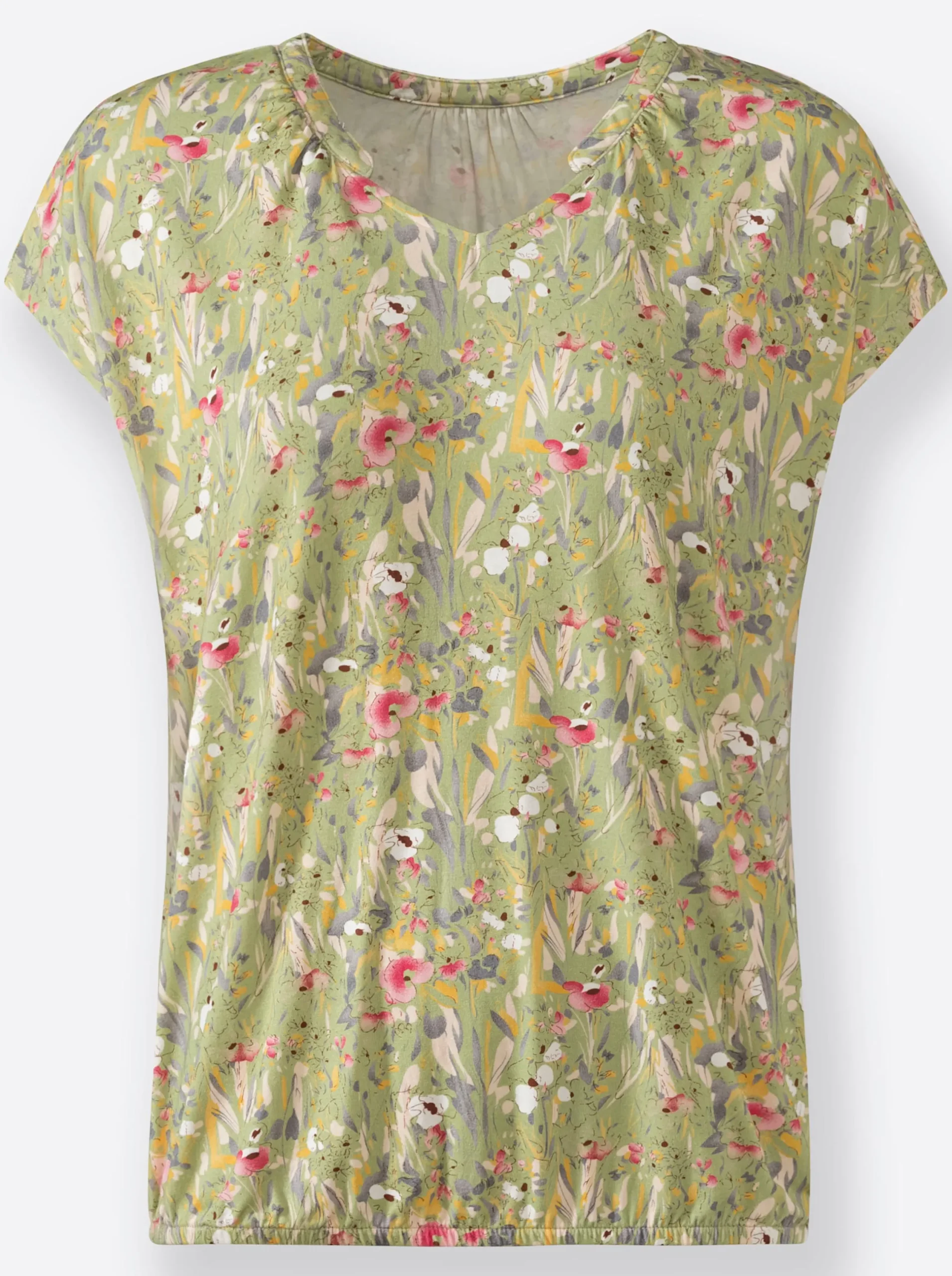 Shirts| Print-Shirt mit kleinem V und Raffung am Ausschnitt lindgrün-bedruckt