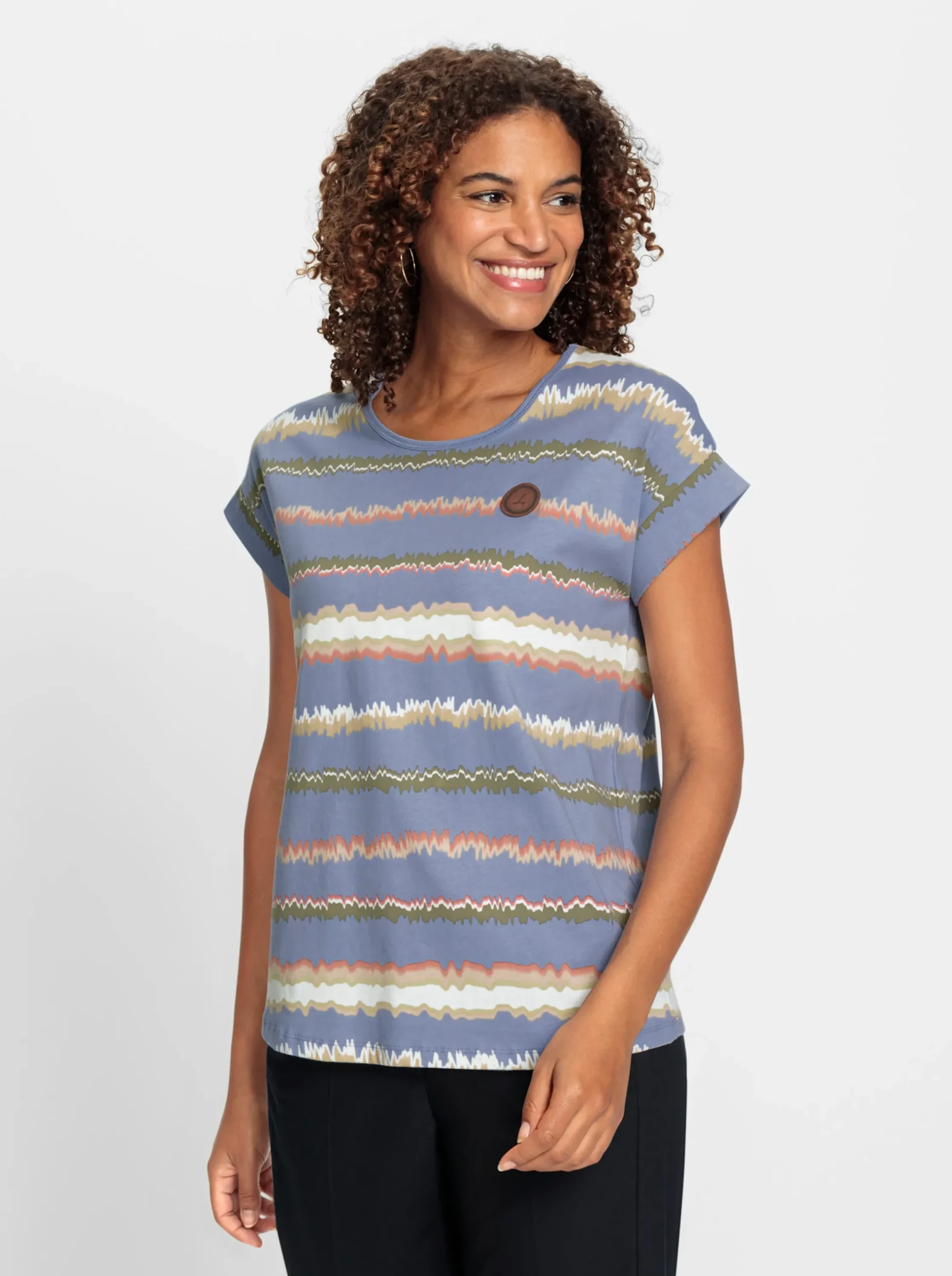Shirts| Print-Shirt mit Ziernähten, geringelt taubenblau-ecru-bedruckt