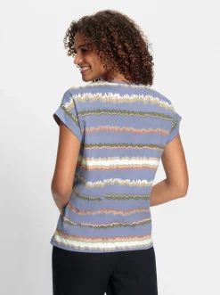 Shirts| Print-Shirt mit Ziernähten, geringelt taubenblau-ecru-bedruckt