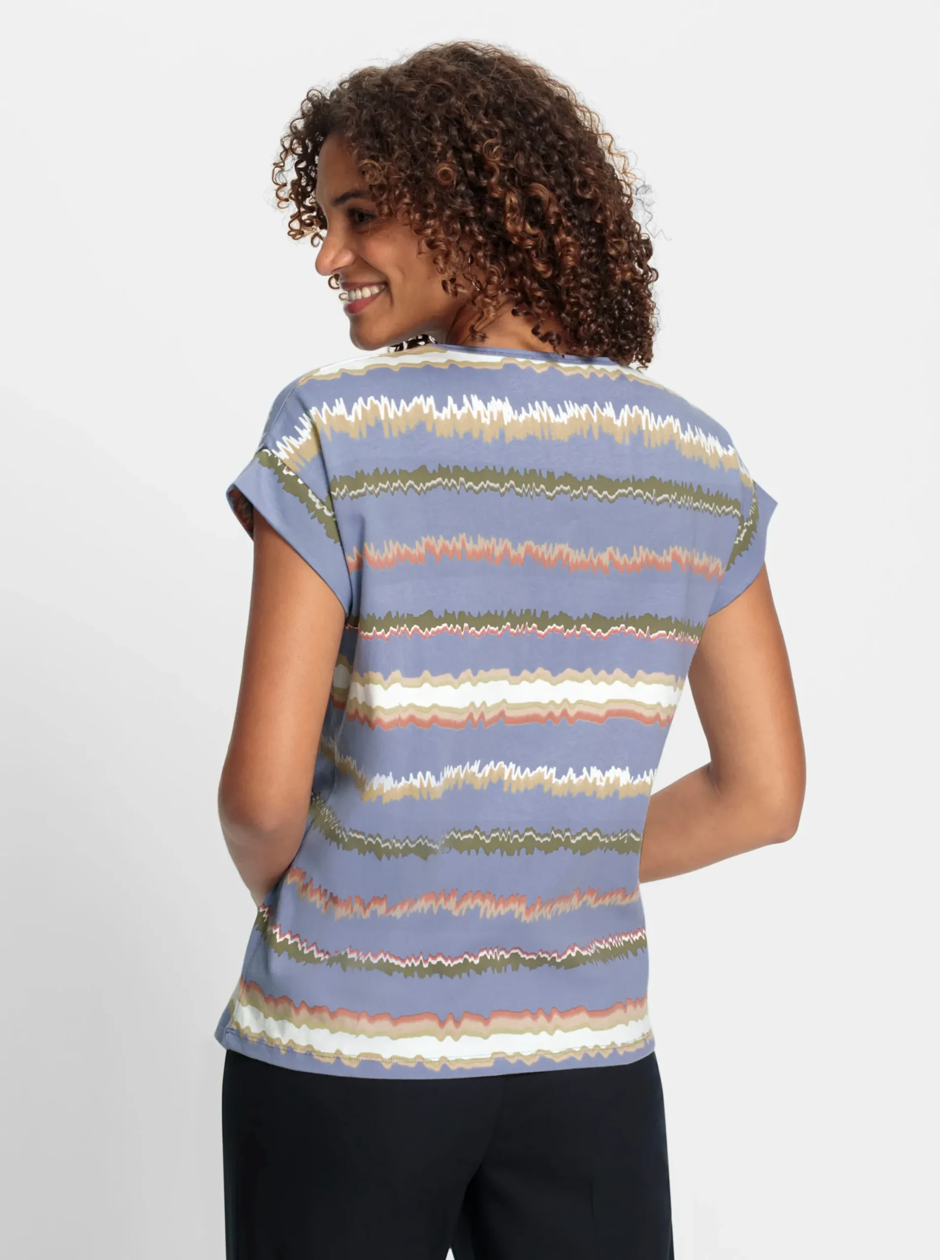 Shirts| Print-Shirt mit Ziernähten, geringelt taubenblau-ecru-bedruckt