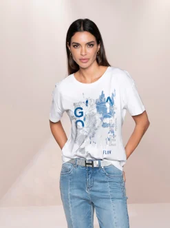 Strandmode|heine Print-Shirt mit Ziersteinchen weiß