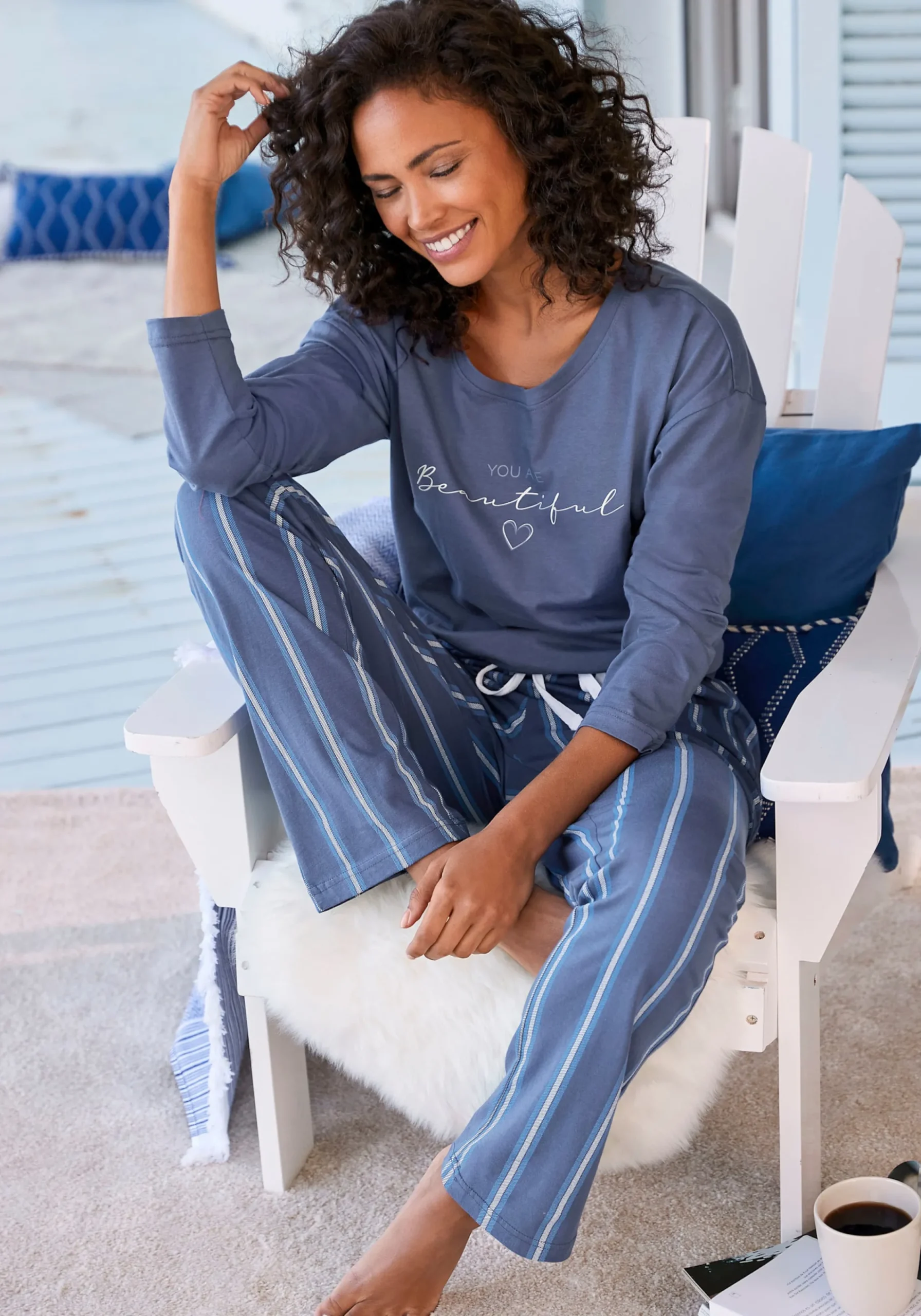 Nachtwäsche|Vivance Dreams Pyjama blau-gestreift
