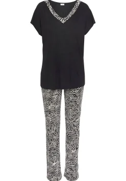 Nachtwäsche|LASCANA Pyjama schwarz-weißgepunktet