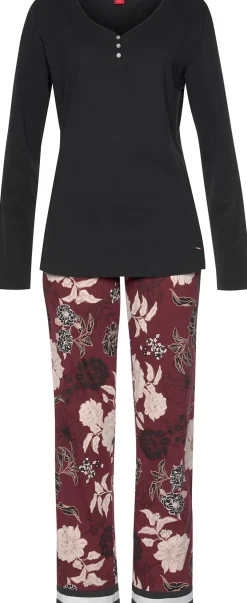 Nachtwäsche|s.Oliver Pyjama schwarz-bordeaux-mehrfarbig-geblümt