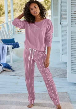 Nachtwäsche|Vivance Dreams Pyjama mauvegestreift