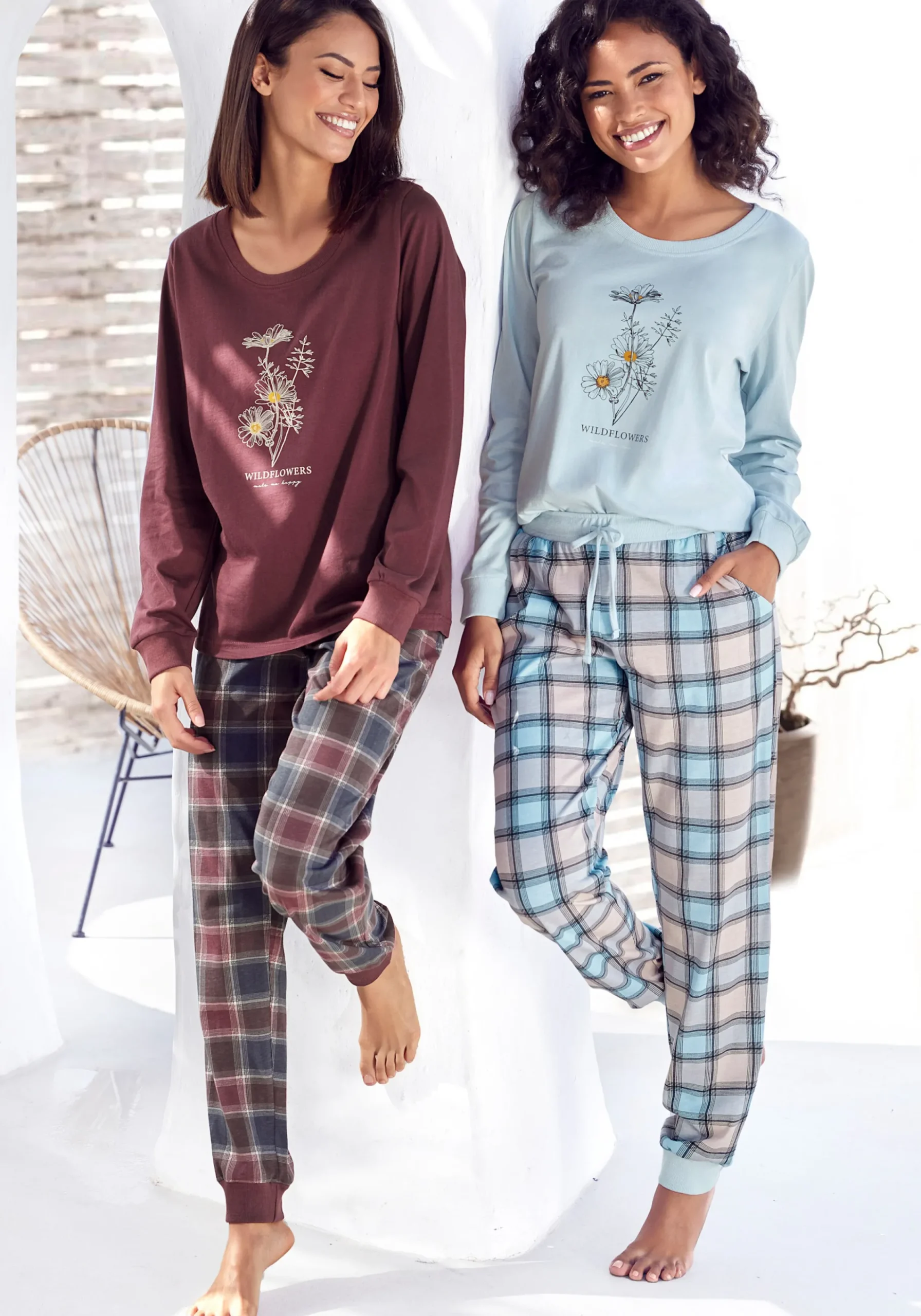 Nachtwäsche|Vivance Dreams Pyjama bordeaux-kariert,kariert-hellblau