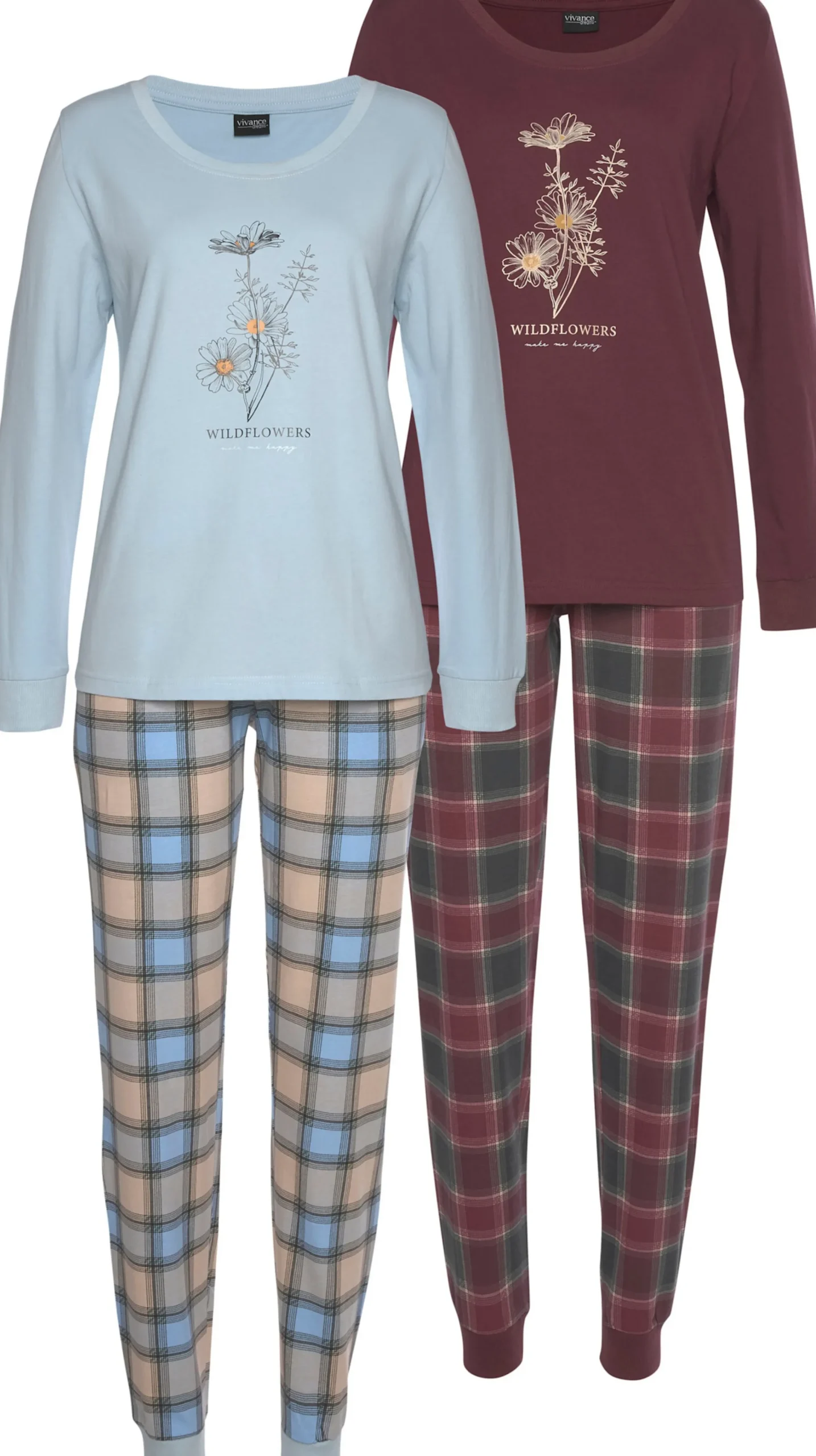 Nachtwäsche|Vivance Dreams Pyjama bordeaux-kariert,kariert-hellblau