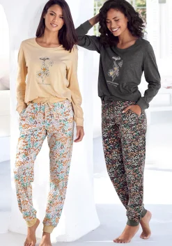 Nachtwäsche|Vivance Dreams Pyjama sand-geblümt,dunkelgrau-geblümt