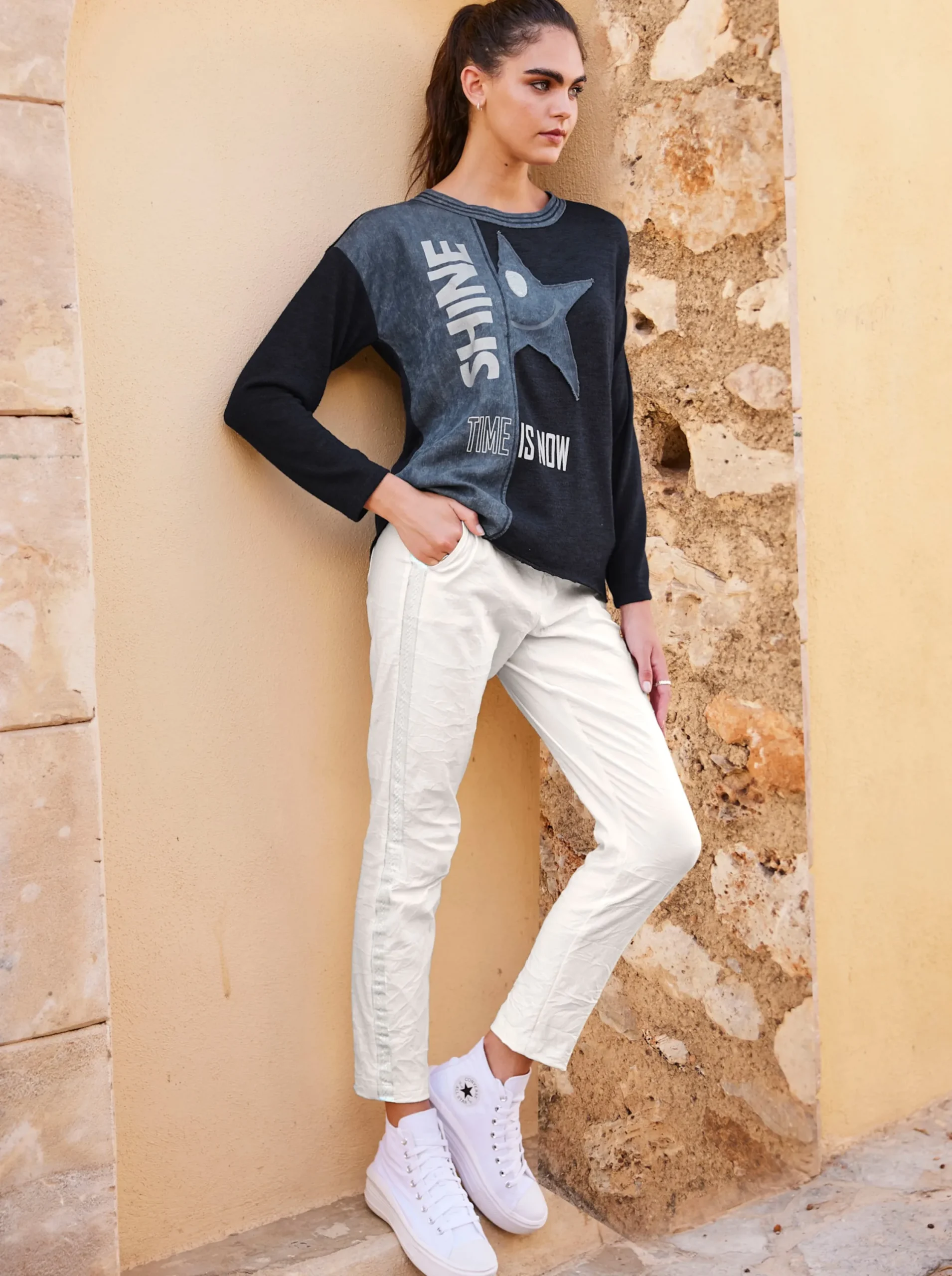 Hosen|heine Röhrenhose mit Crinkle-Effekt ecru