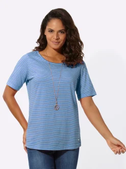 Shirts| Ringelshirt mit kurzen Ärmeln mittelblau-ecru-geringelt
