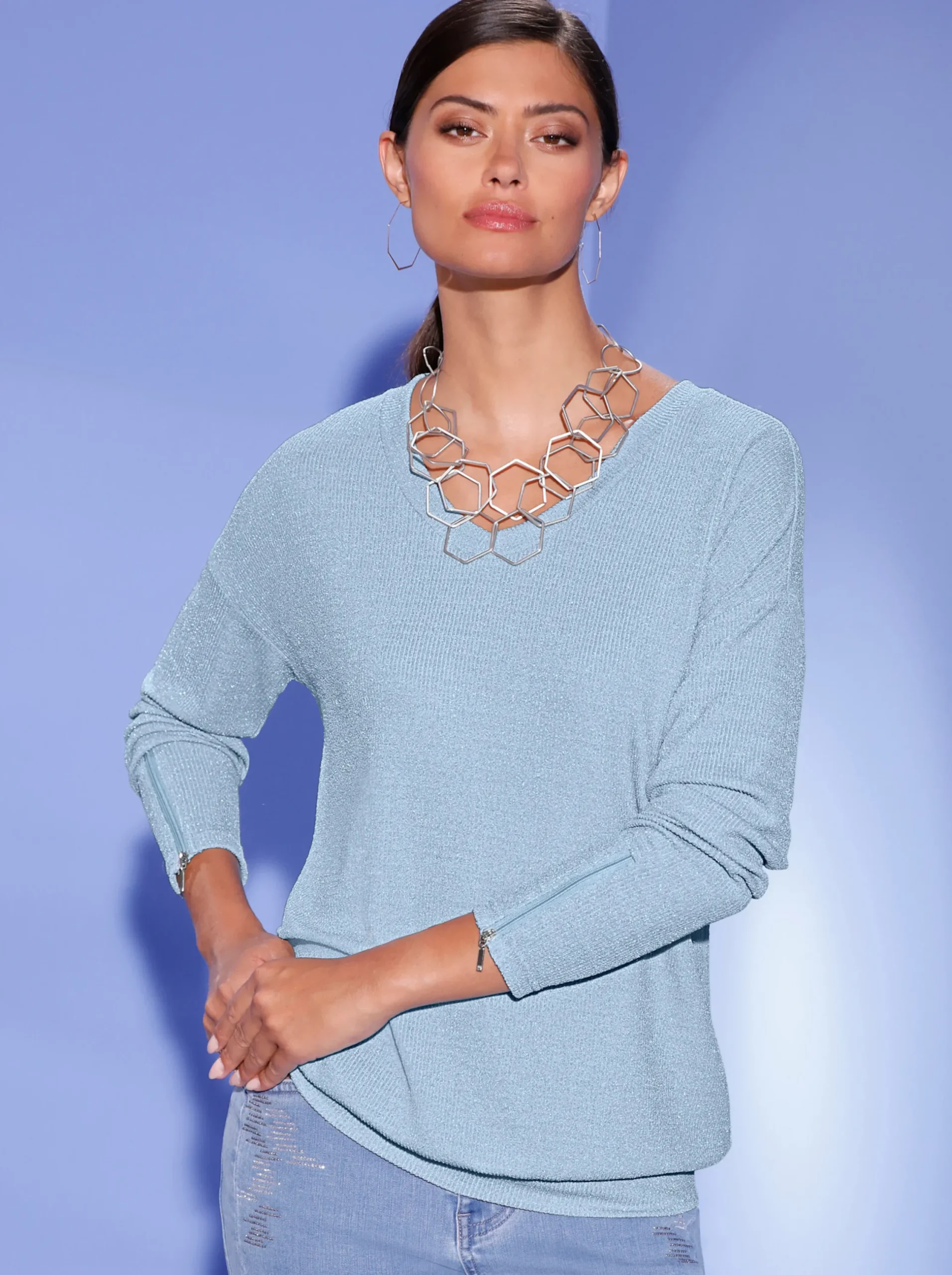 Shirts| Rippshirt in Metallic-Optik hellblau-silberfarben