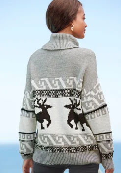 Strandmode|Vivance Rollkragenpullover grau-schwarz-creme