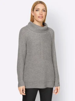 Pullover|heine Rollkragenpullover mit aufwendigem Strickmuster grau-meliert