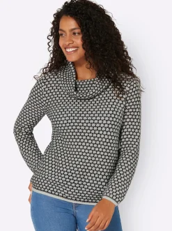 Pullover| Rollkragenpullover mit 2-farbigem Strickmuster schwarz-ecru-gemustert