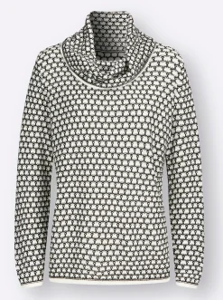 Pullover| Rollkragenpullover mit 2-farbigem Strickmuster schwarz-ecru-gemustert