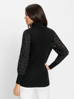 Pullover|heine Rollkragenpullover mit Spitzen-Ärmeln schwarz