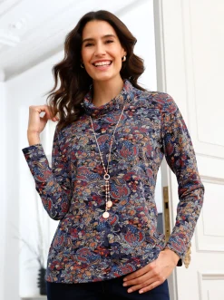 Shirts| Rollkragenshirt im floralen Druckmuster marine-terra-bedruckt
