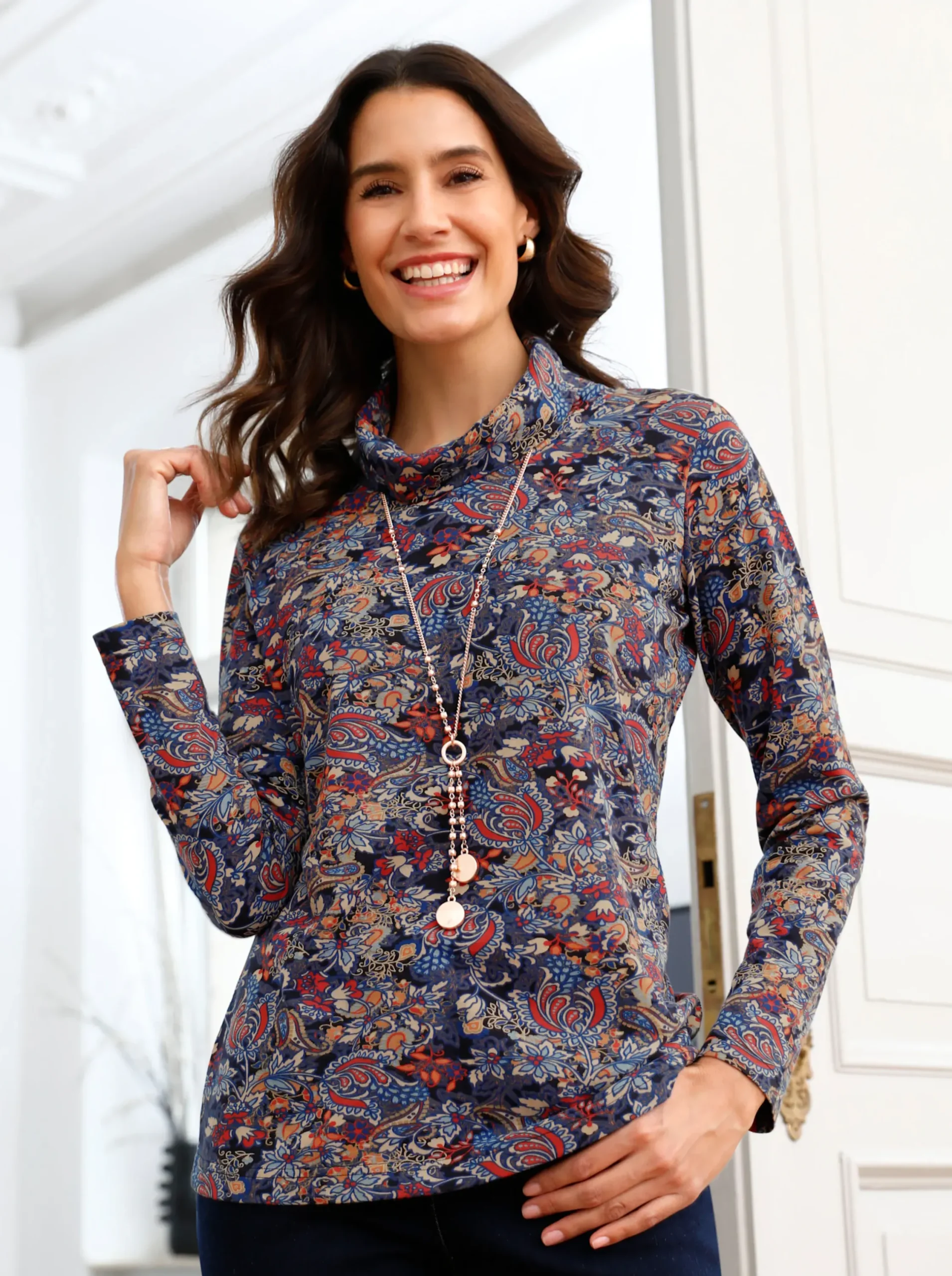 Shirts| Rollkragenshirt im floralen Druckmuster marine-terra-bedruckt