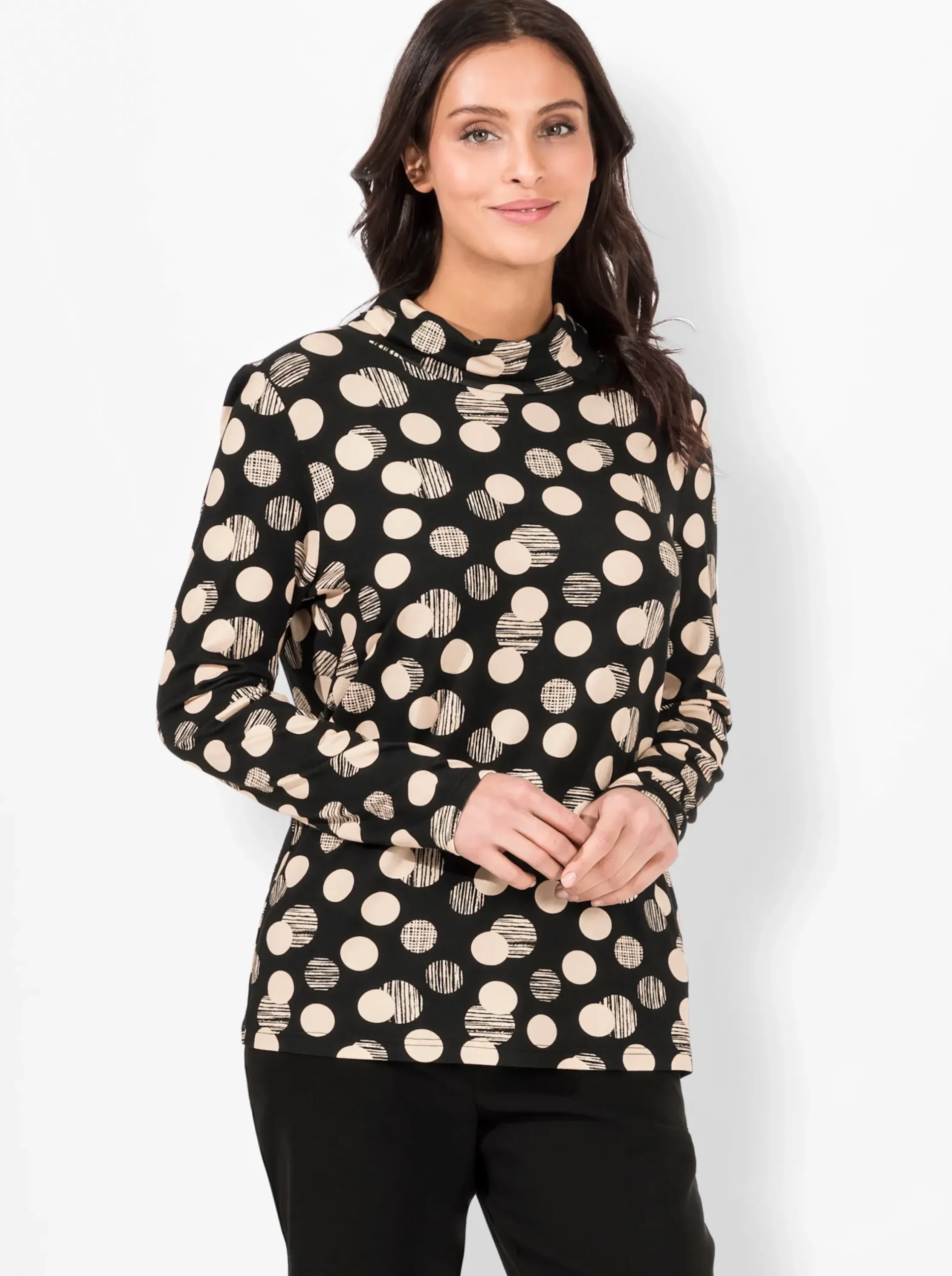 Shirts| Rollkragenshirt mit Punkte-Druckdessin schwarz-caramel-bedruckt