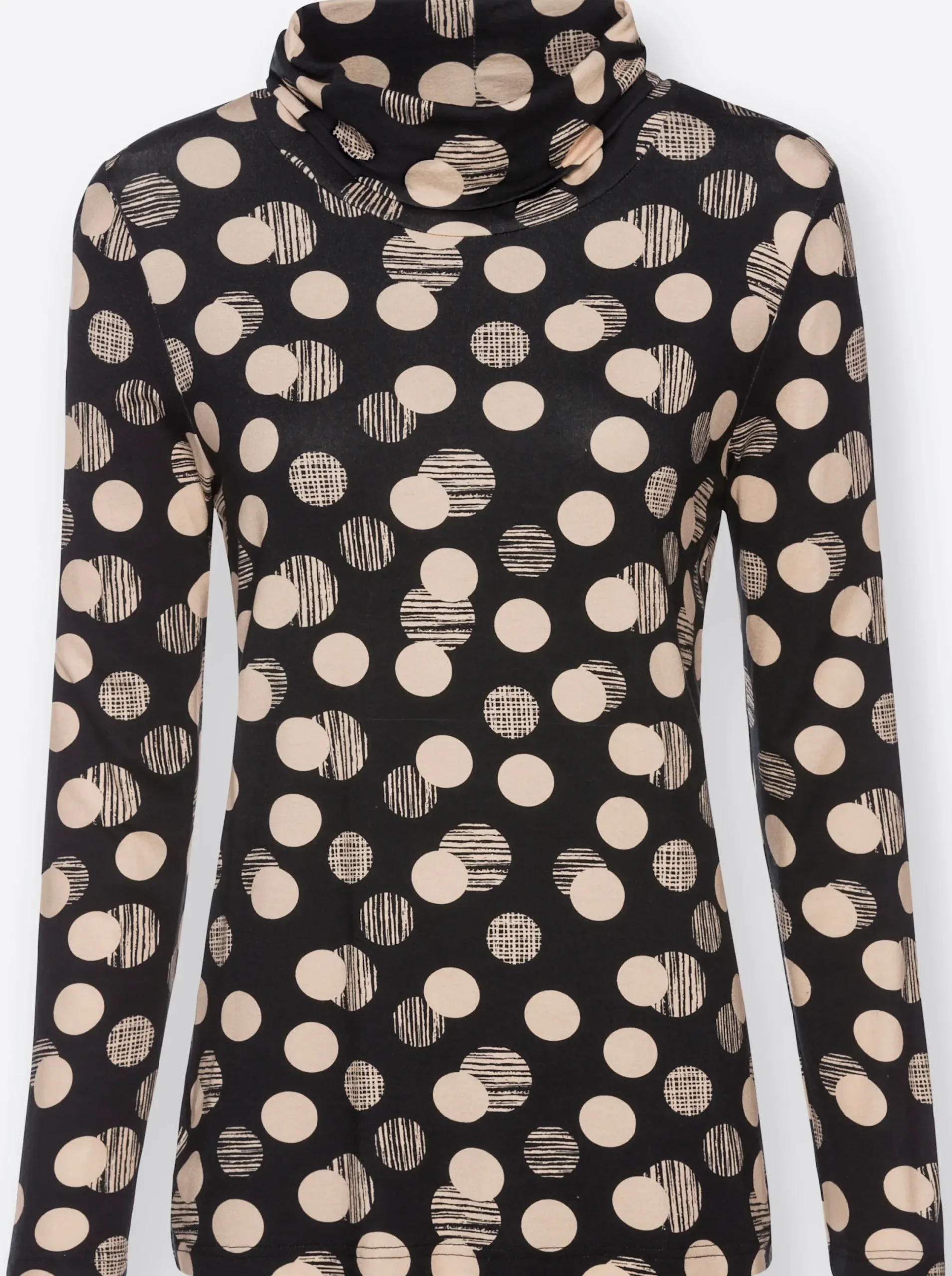 Shirts| Rollkragenshirt mit Punkte-Druckdessin schwarz-caramel-bedruckt