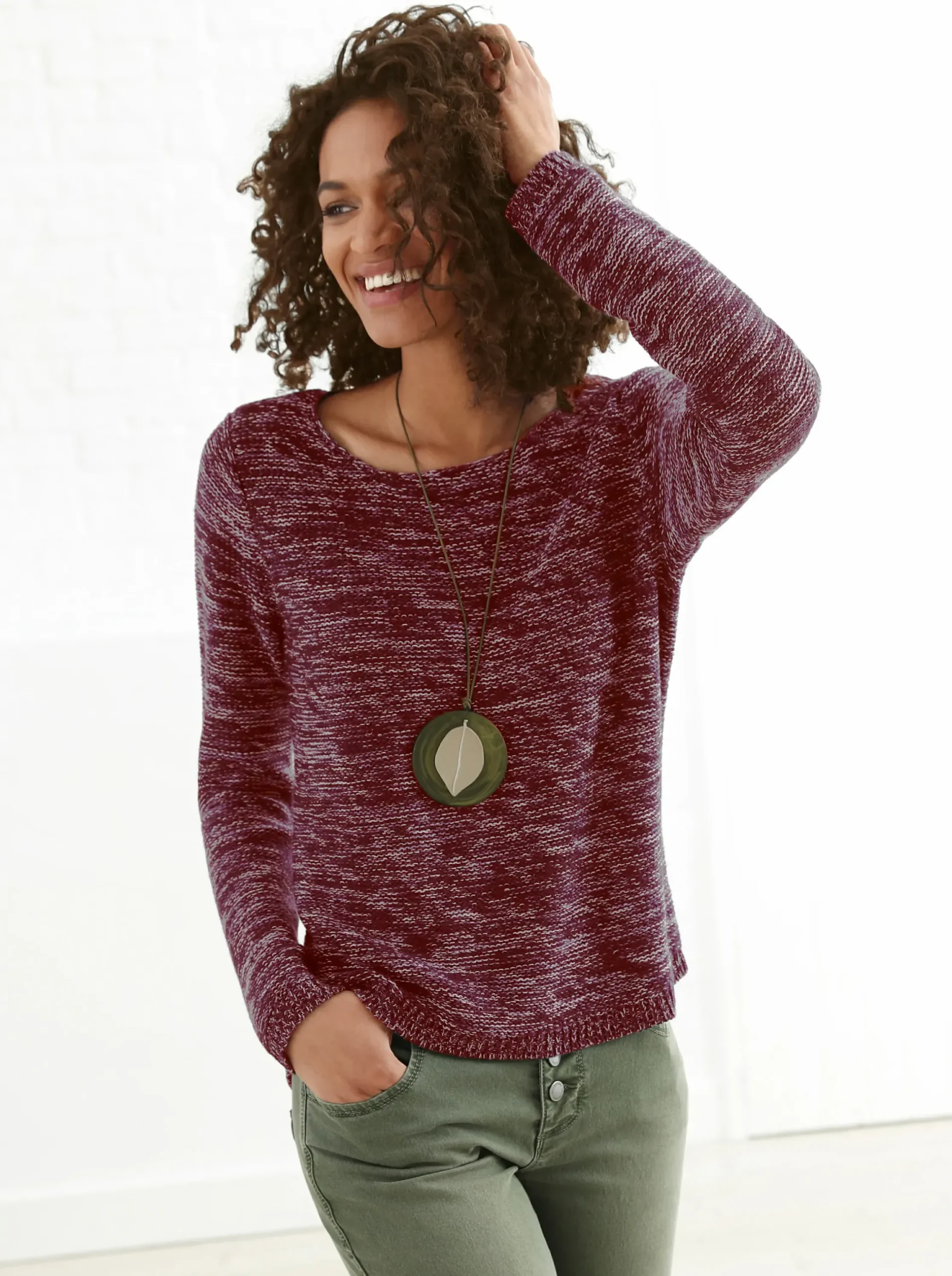 Pullover| Rundhalspullover aus Melange-Strick bordeaux-meliert