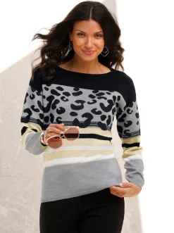 Pullover| Rundhalspullover im Animal-Print, weich schwarz-ecru-gemustert