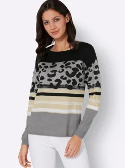 Pullover| Rundhalspullover im Animal-Print, weich schwarz-ecru-gemustert