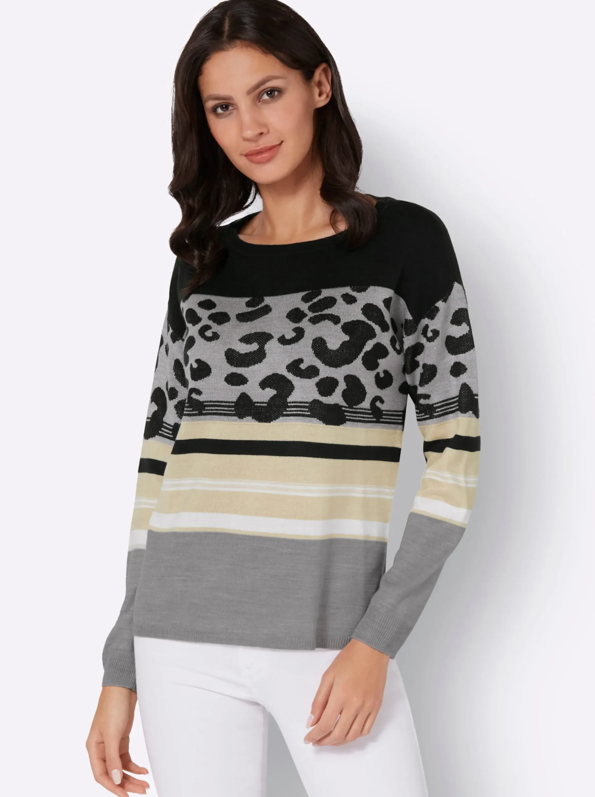 Pullover| Rundhalspullover im Animal-Print, weich schwarz-ecru-gemustert