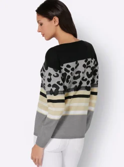 Pullover| Rundhalspullover im Animal-Print, weich schwarz-ecru-gemustert
