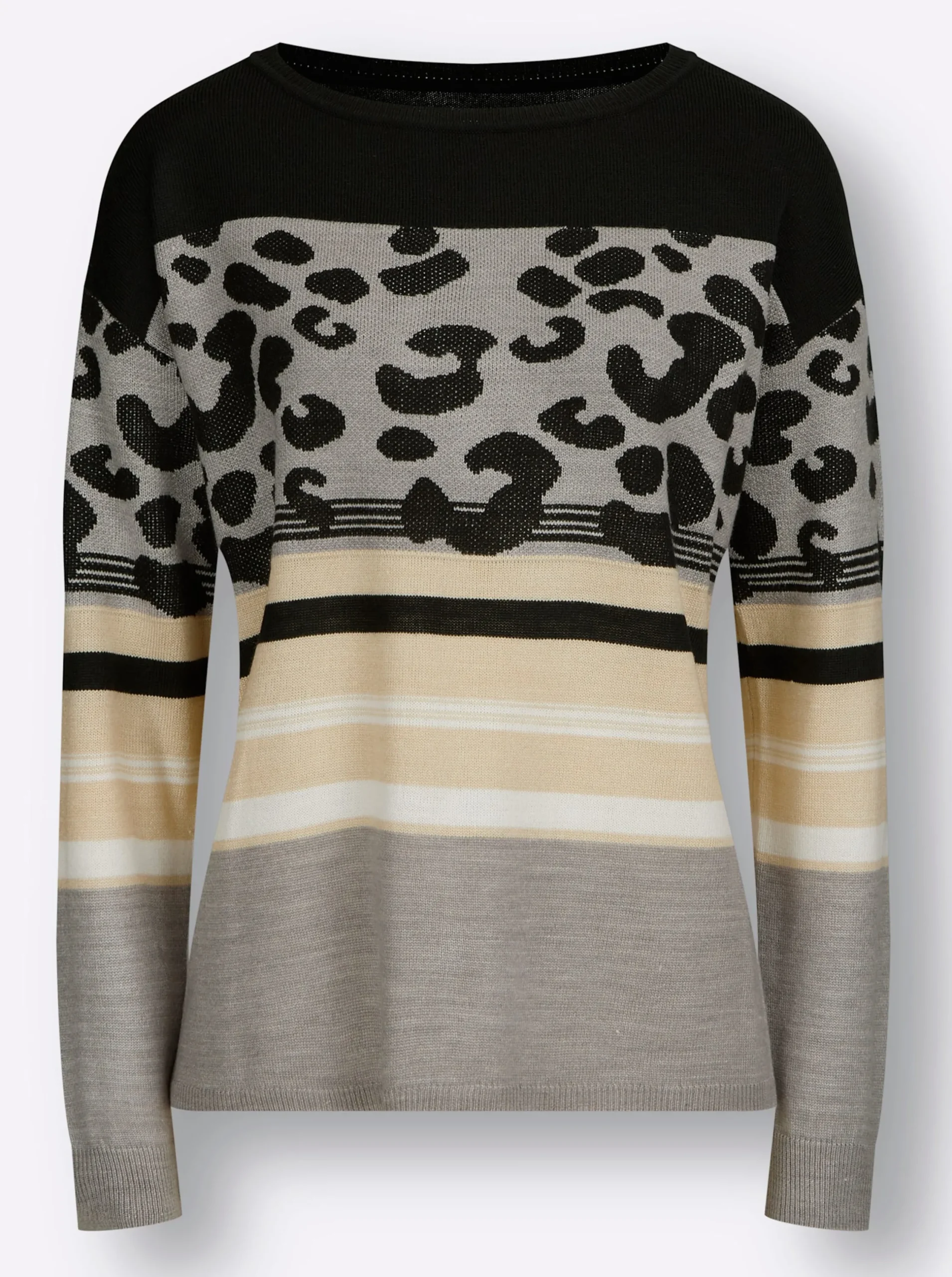 Pullover| Rundhalspullover im Animal-Print, weich schwarz-ecru-gemustert