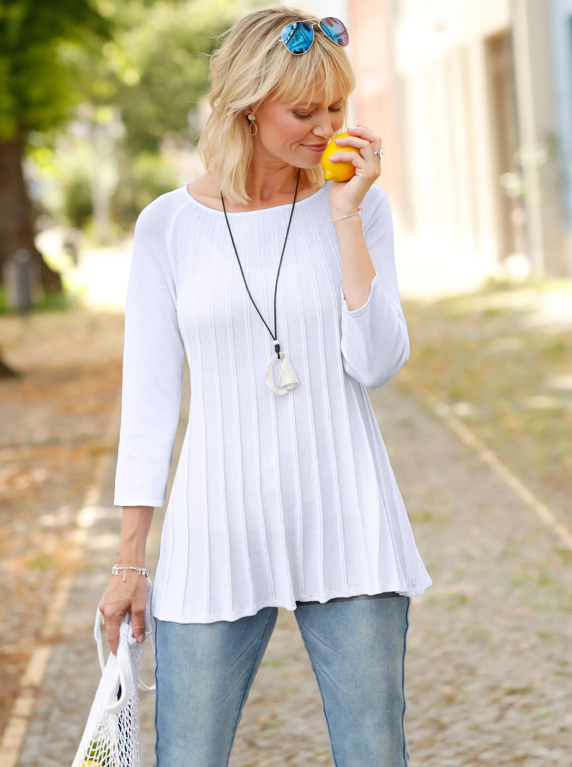 Pullover| Rundhalspullover in A-Form weiß