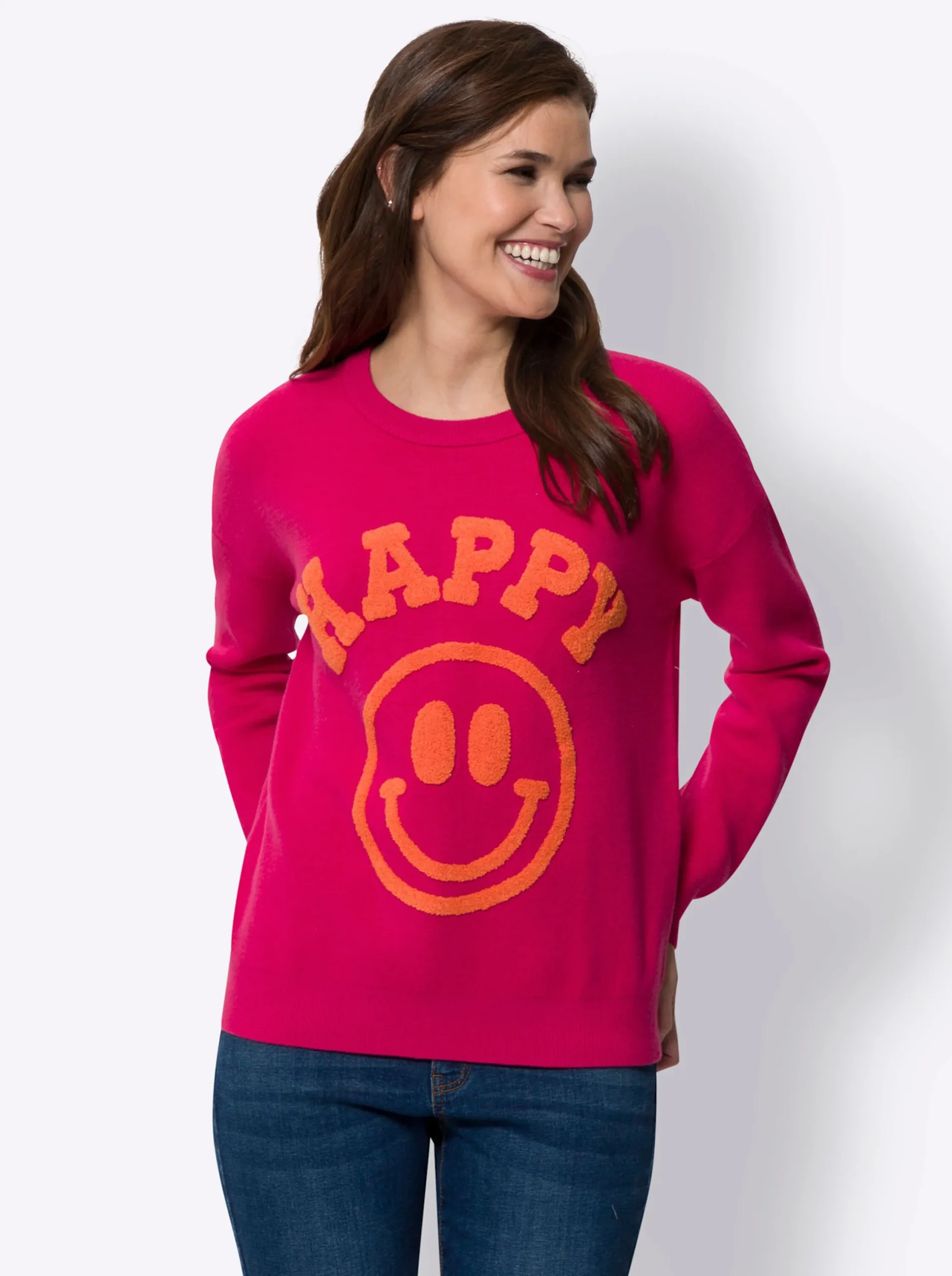 Pullover|heine Rundhalspullover in Feinstrick-Qualität, mit Smiley-Schriftzug pink