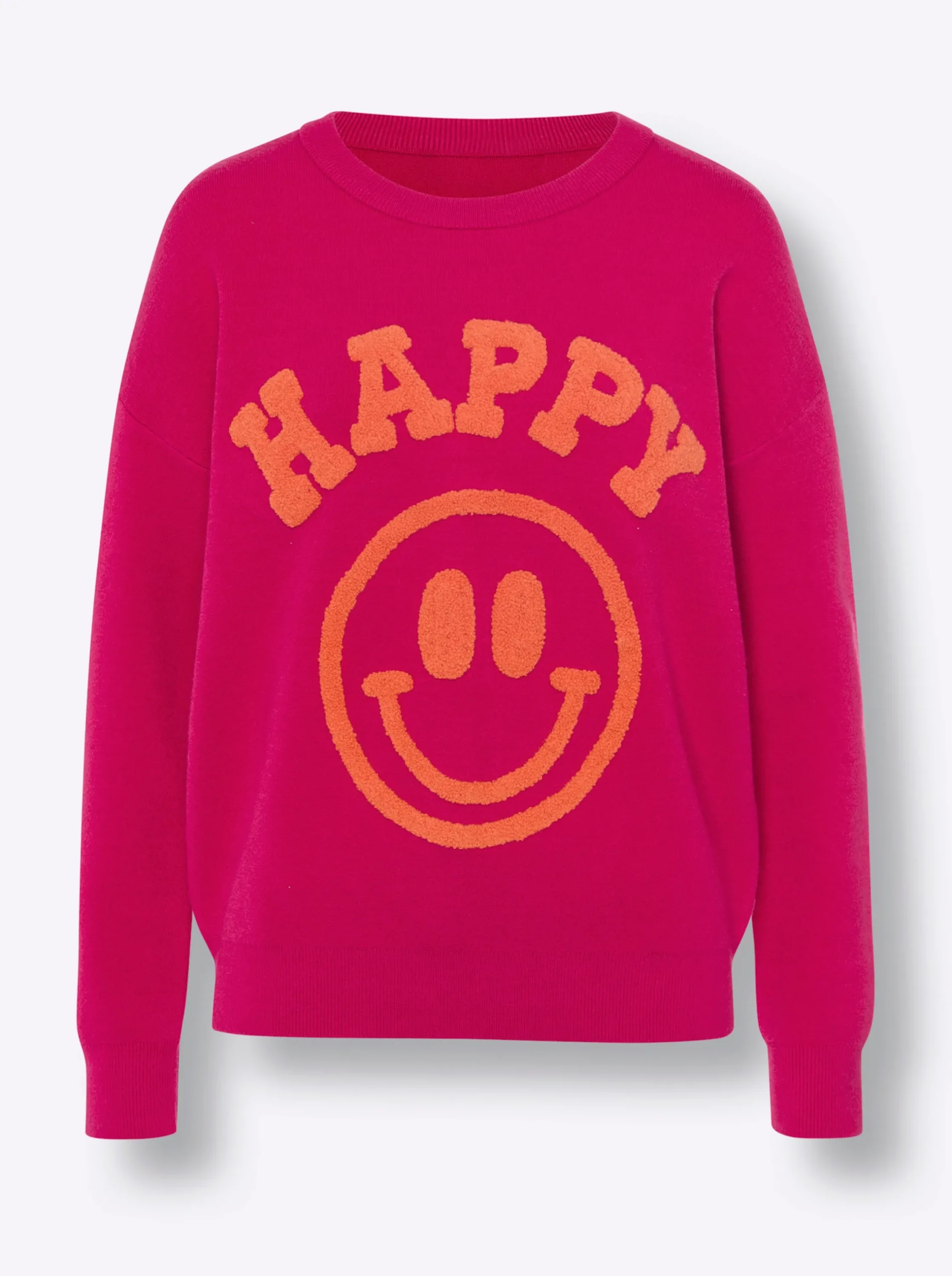 Pullover|heine Rundhalspullover in Feinstrick-Qualität, mit Smiley-Schriftzug pink
