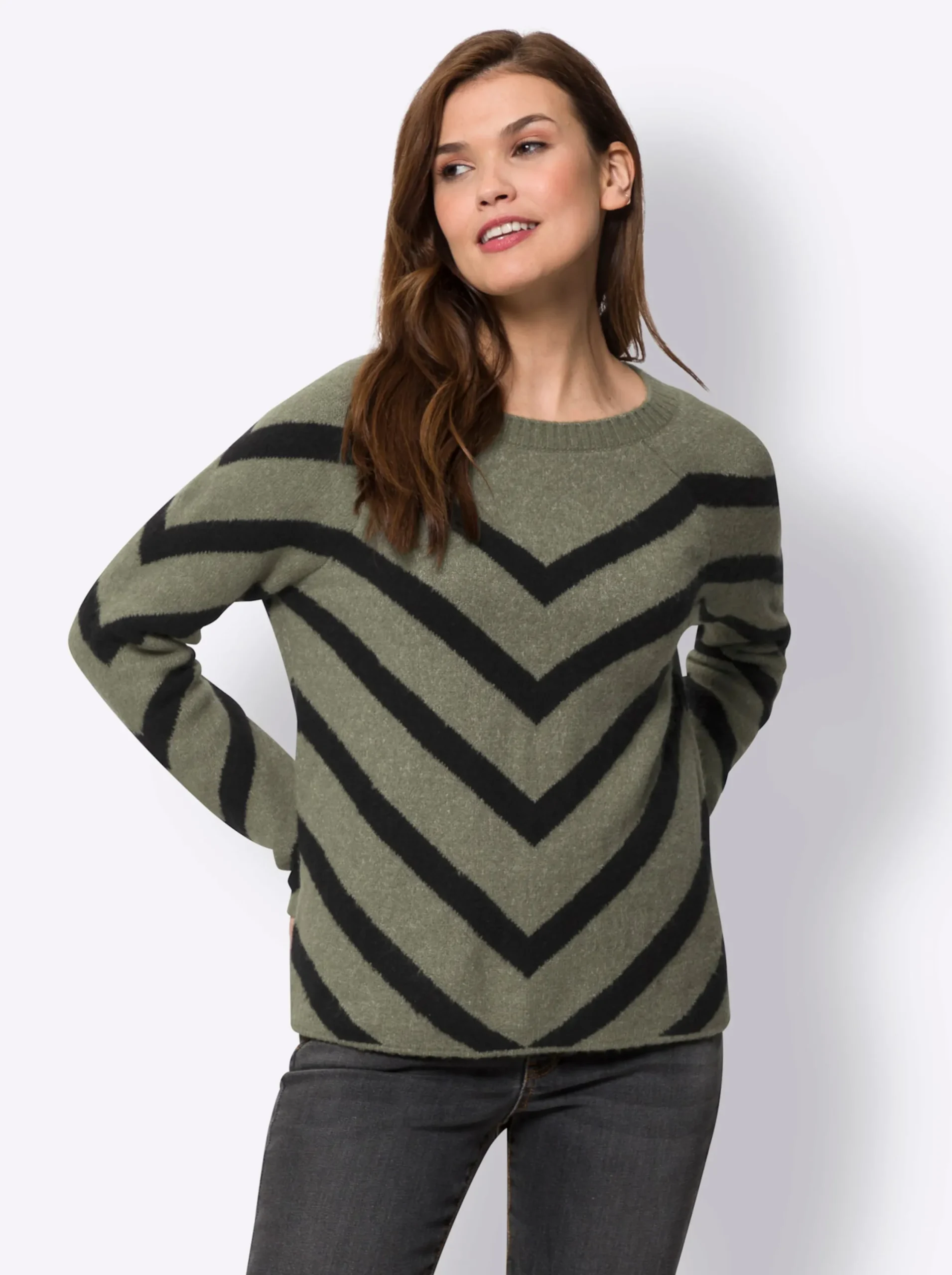 Pullover|heine Rundhalspullover in Flausch-Qualität khaki-schwarz-meliert
