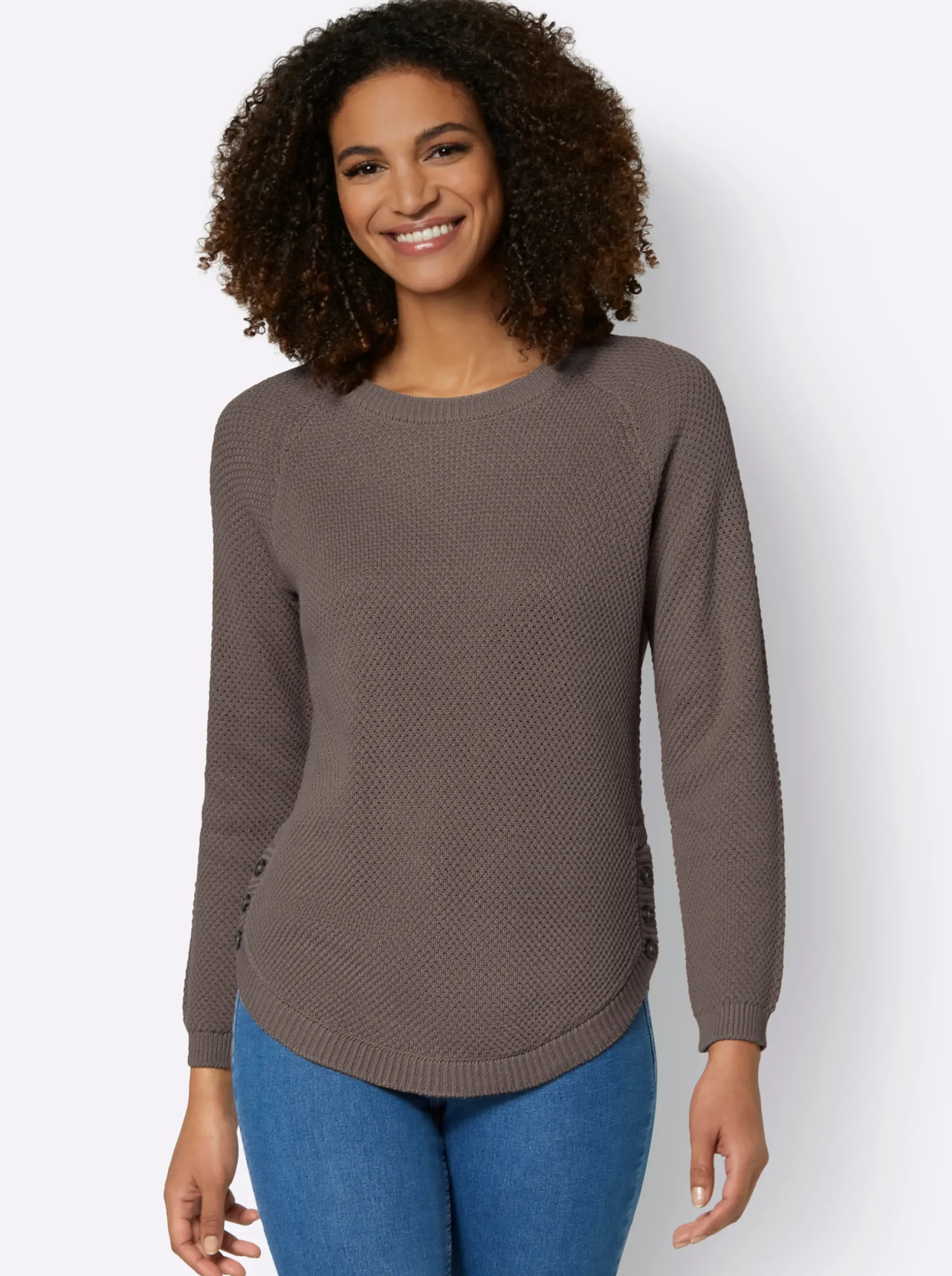 Pullover| Rundhalspullover mit abgerundetem Saum dunkeltaupe