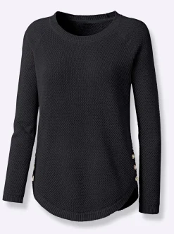Pullover| Rundhalspullover mit abgerundetem Saum schwarz