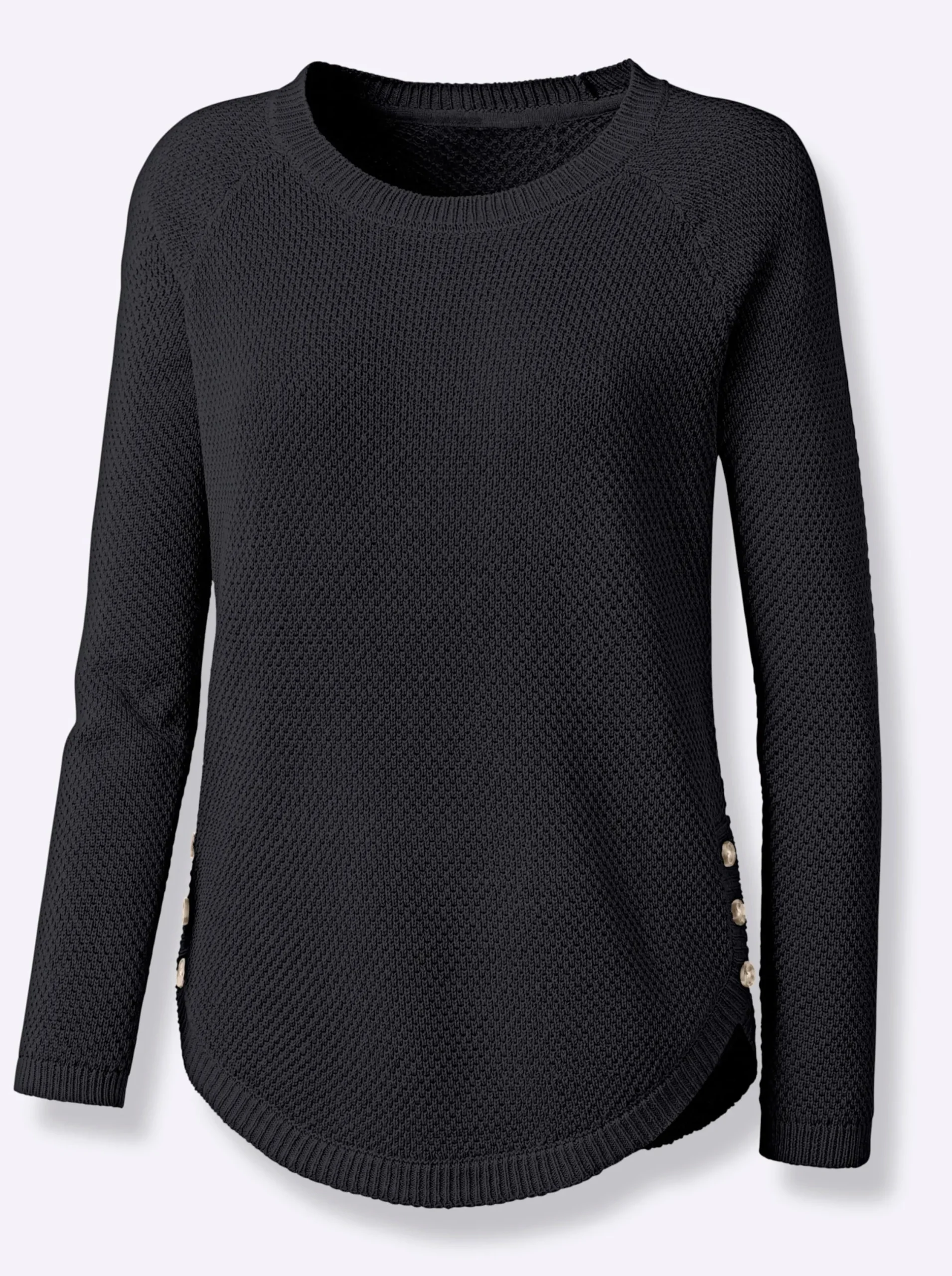 Pullover| Rundhalspullover mit abgerundetem Saum schwarz