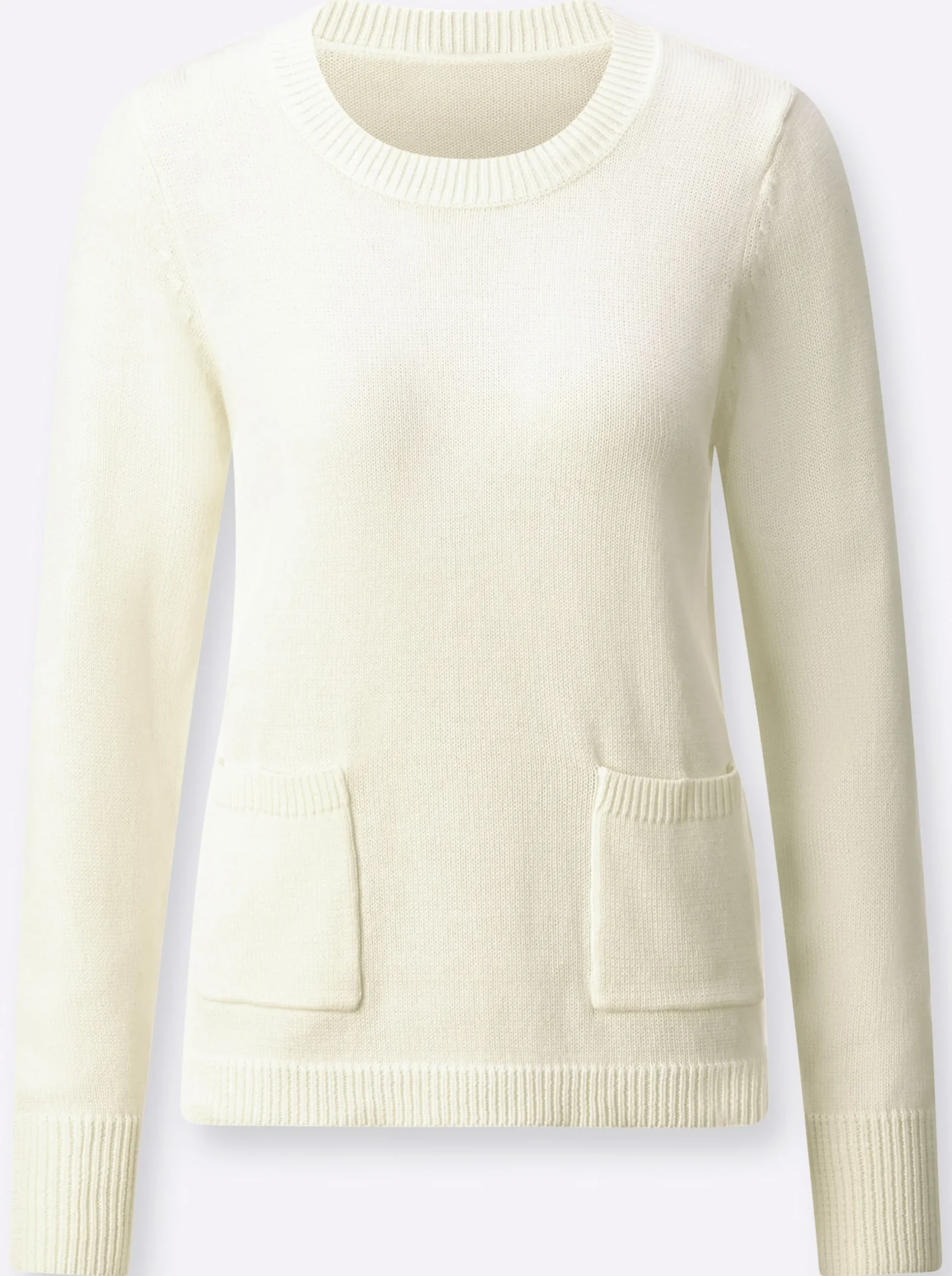 Pullover| Rundhalspullover mit aufgesetzten Taschen wollweiß