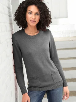 Pullover| Rundhalspullover mit aufgesetzten Taschen grau-meliert