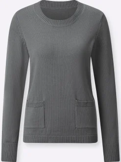 Pullover| Rundhalspullover mit aufgesetzten Taschen grau-meliert