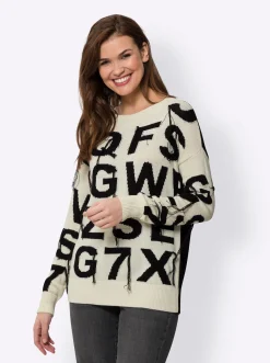 Pullover|heine Rundhalspullover mit Fransen-Verzierung champagner-schwarz-gemustert