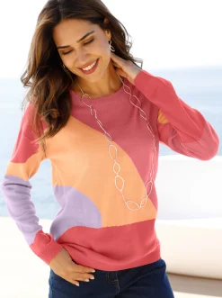 Pullover| Rundhalspullover mit Intarsien-Strick grapefruit-flieder-gemustert