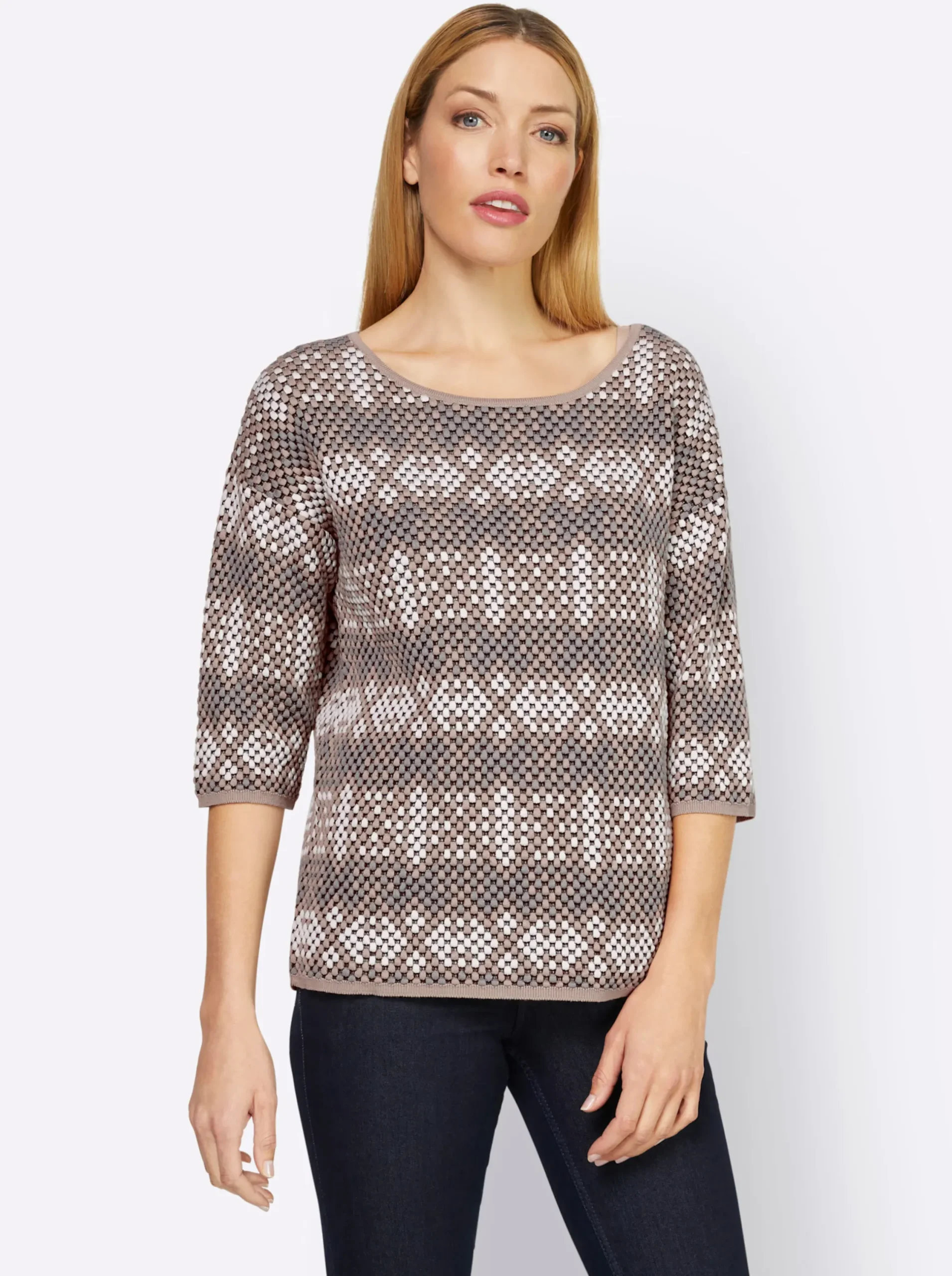 Pullover|heine Rundhalspullover mit 3/4-langen Ärmeln taubenblau-sesam-gemustert