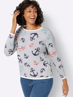 Pullover| Rundhalspullover mit maritimem Dessin weiß-marine
