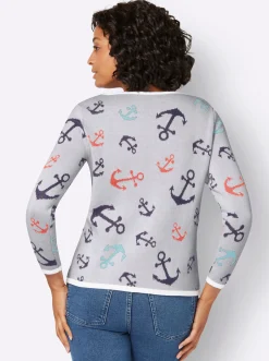 Pullover| Rundhalspullover mit maritimem Dessin weiß-marine
