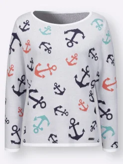 Pullover| Rundhalspullover mit maritimem Dessin weiß-marine