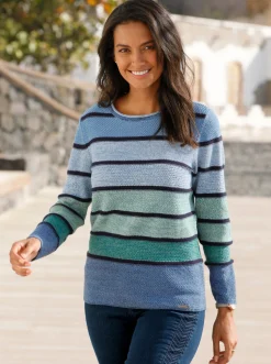 Pullover| Rundhalspullover mit Ringeln mittelblau-grün-geringelt