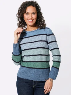 Pullover| Rundhalspullover mit Ringeln mittelblau-grün-geringelt